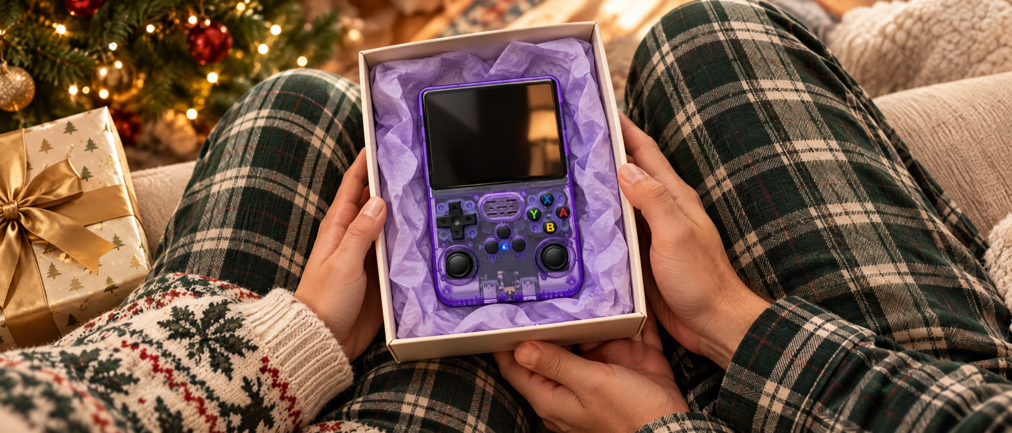 R36S handheld console in a gift box on Christmas morning